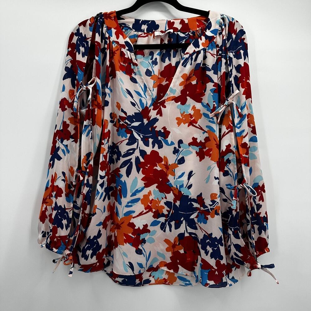 Parker Blouse Womens Medium Red Blue Floral Print Split Sleeve Tie Detail Top